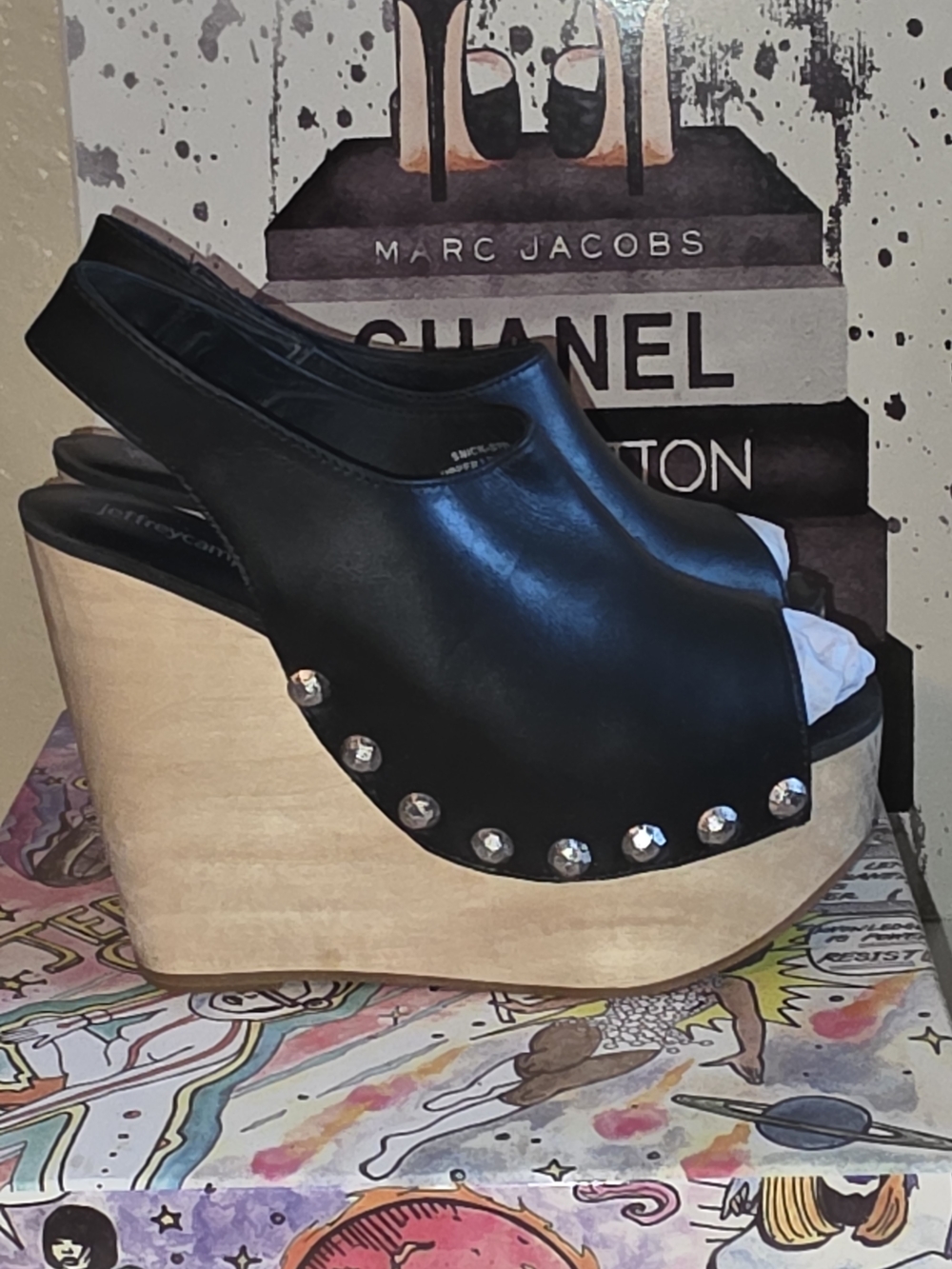 Jeffrey Campbell X Free People Black Leather Studded Slingback Wedge Sandals - Picture 6 of 13